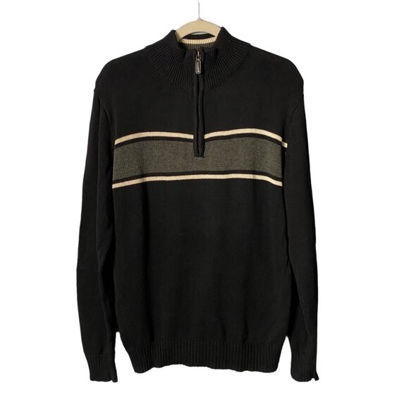 Oscar De La Renta Men 100% Cotton Stripe Knit Quarter Zip Pullover Sweater Small